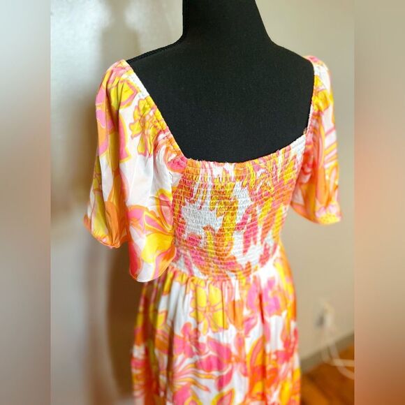 MittoShop Floral Smocked Dress Large Pink Yellow Boho Mini/Knee Length NWT - Picture 7 of 10